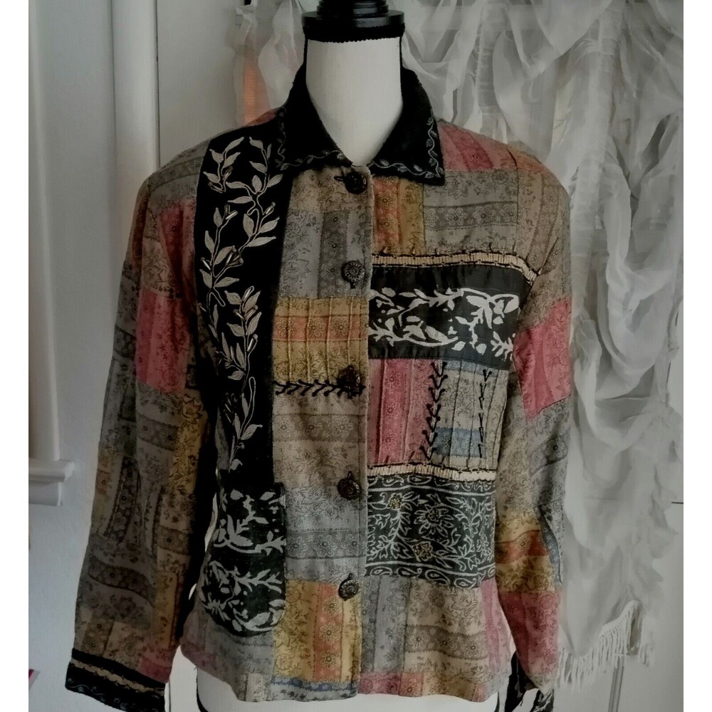 Sandy Starkman Art to Wear Jacket Blazer Patchwork 100% Silk Lined Relax Fit